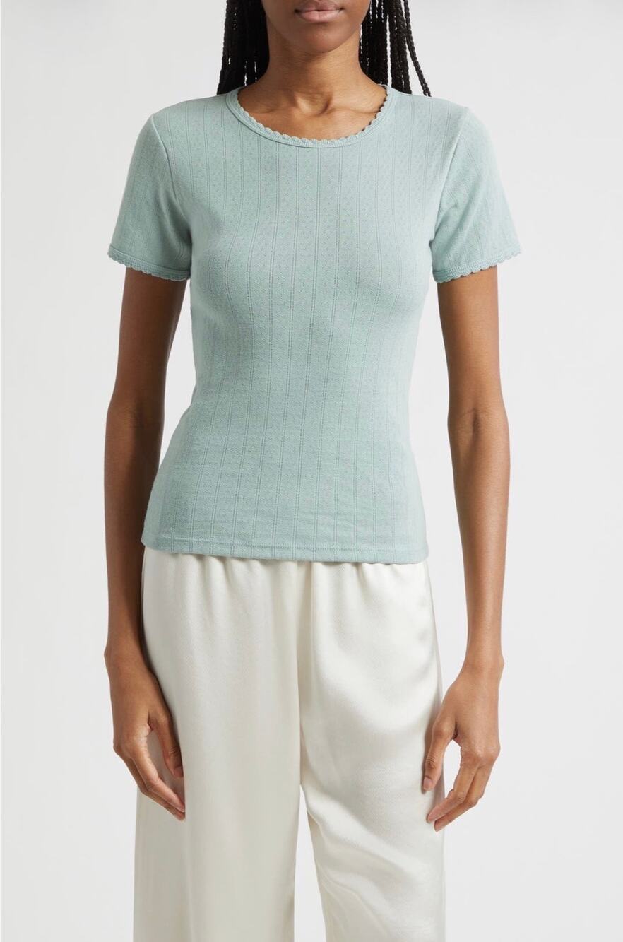 LESET Pointelle Slim Fit Tee Shirt in Eucalyptus XS